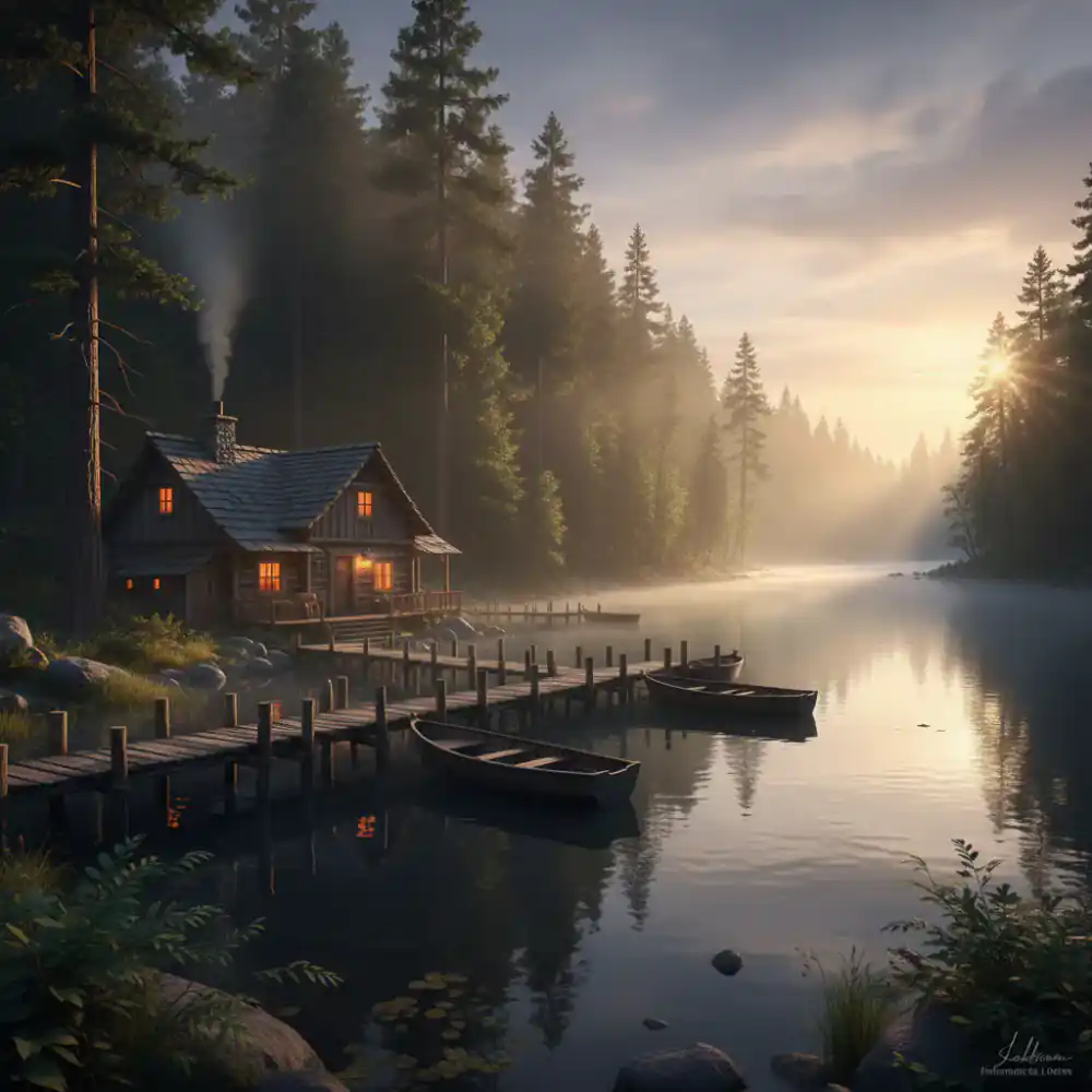 Atmospheric view of LakeHaven Fishing Lodge at sunrise