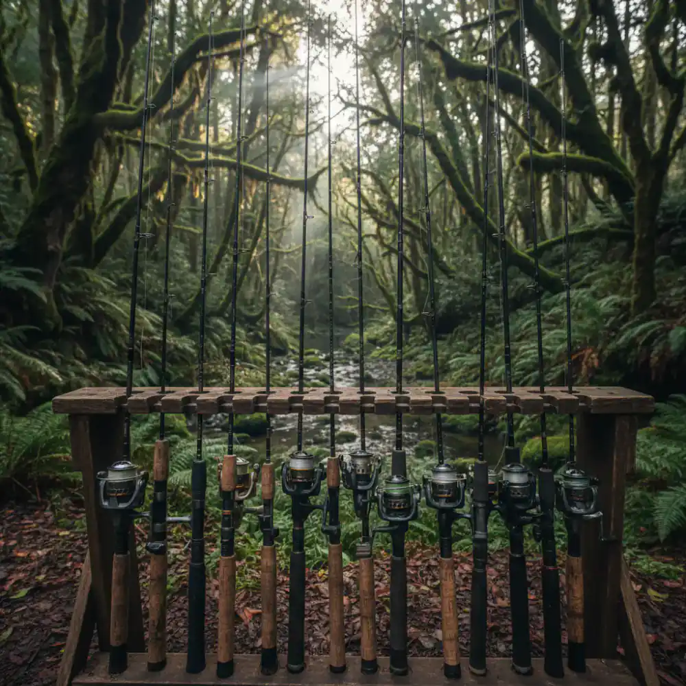 Assortment of fishing rods ready for rental