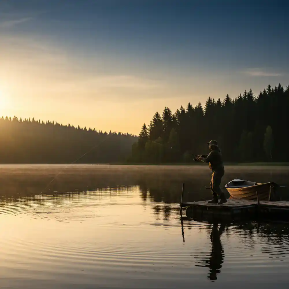 Angler casting a line at sunrise over a quiet lake
