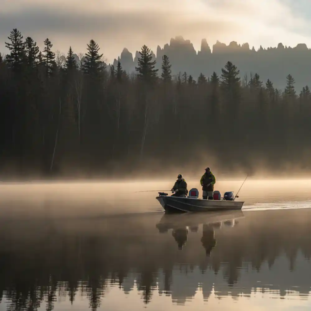 Guided fishing boat on a serene morning lake