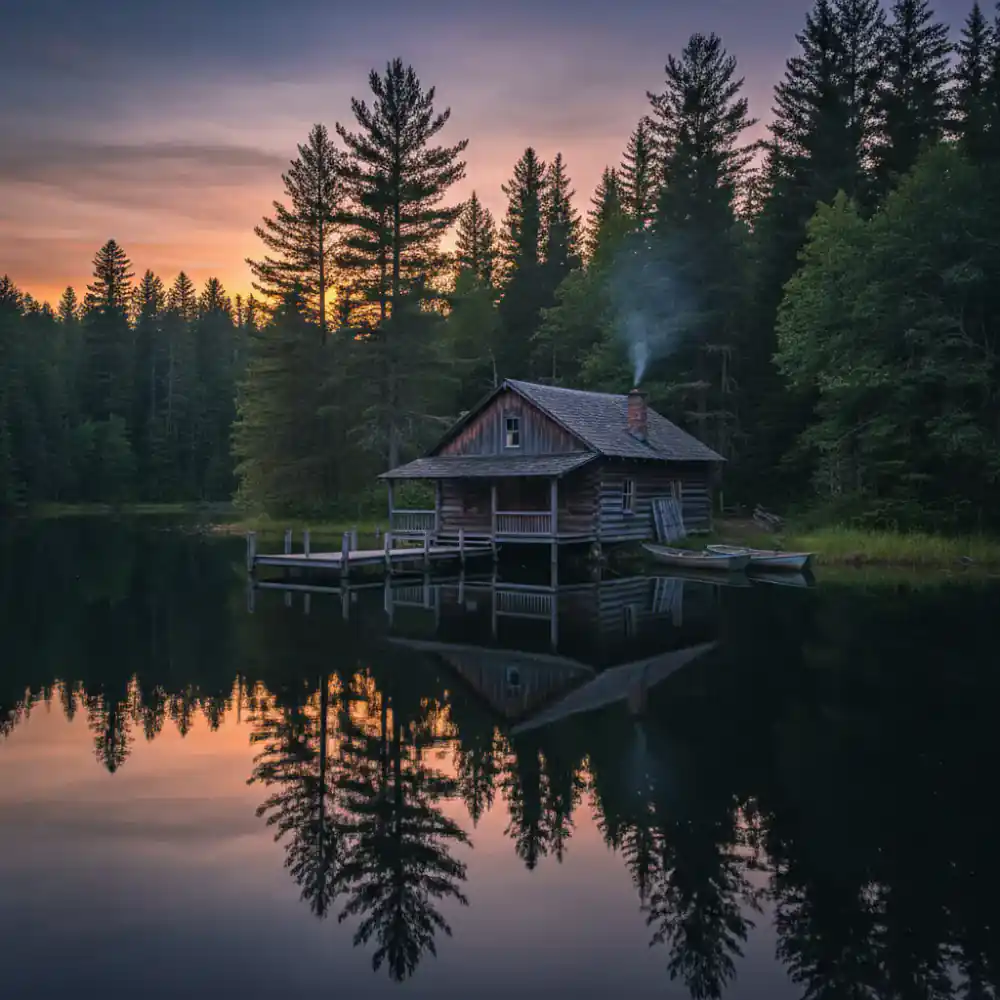 Wooden fishing lodge on a quiet lake at sunset