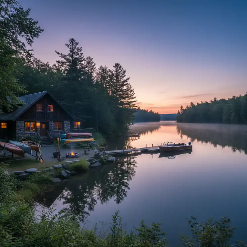 LakeHaven lodge equipment and lake view at dawn